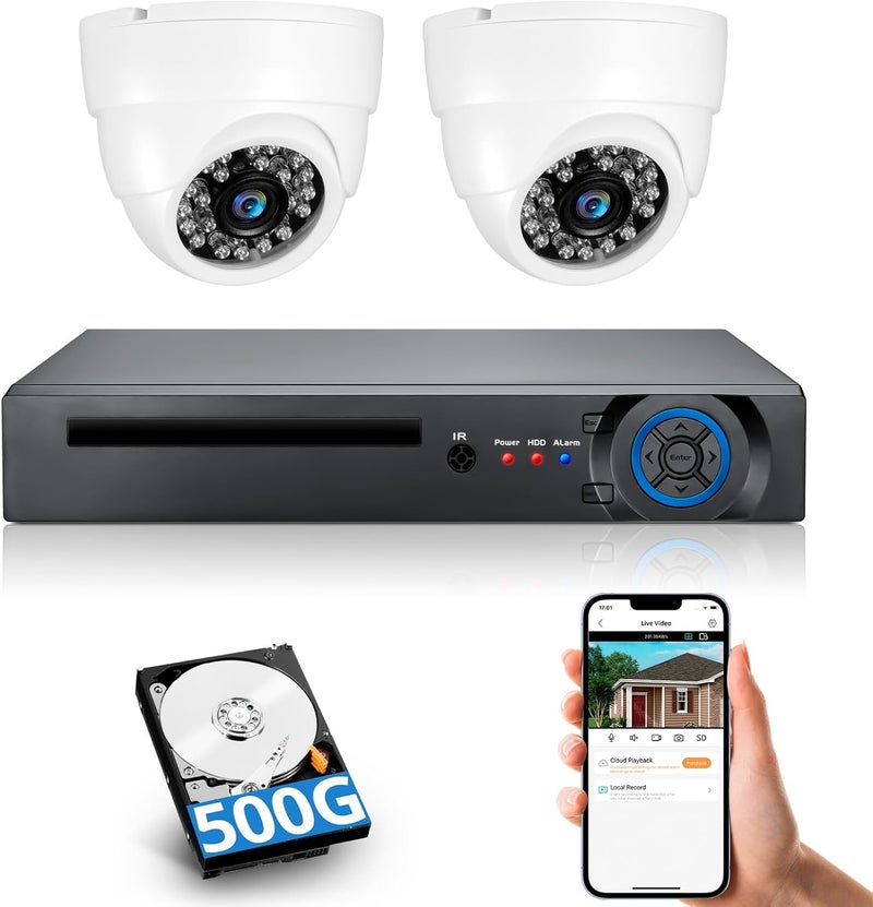 Fuers نظام كاميرات المراقبة الأمنية 8CH H.265+ مع كشف البشر بالذكاء الاصطناعي، 2 × 2592TVL 5MP كاميرات قبة سلكية للاستخدام الداخلي، مع قرص صلب سعة 500G، تنبيه عبر البريد الإلكتروني - Image 1
